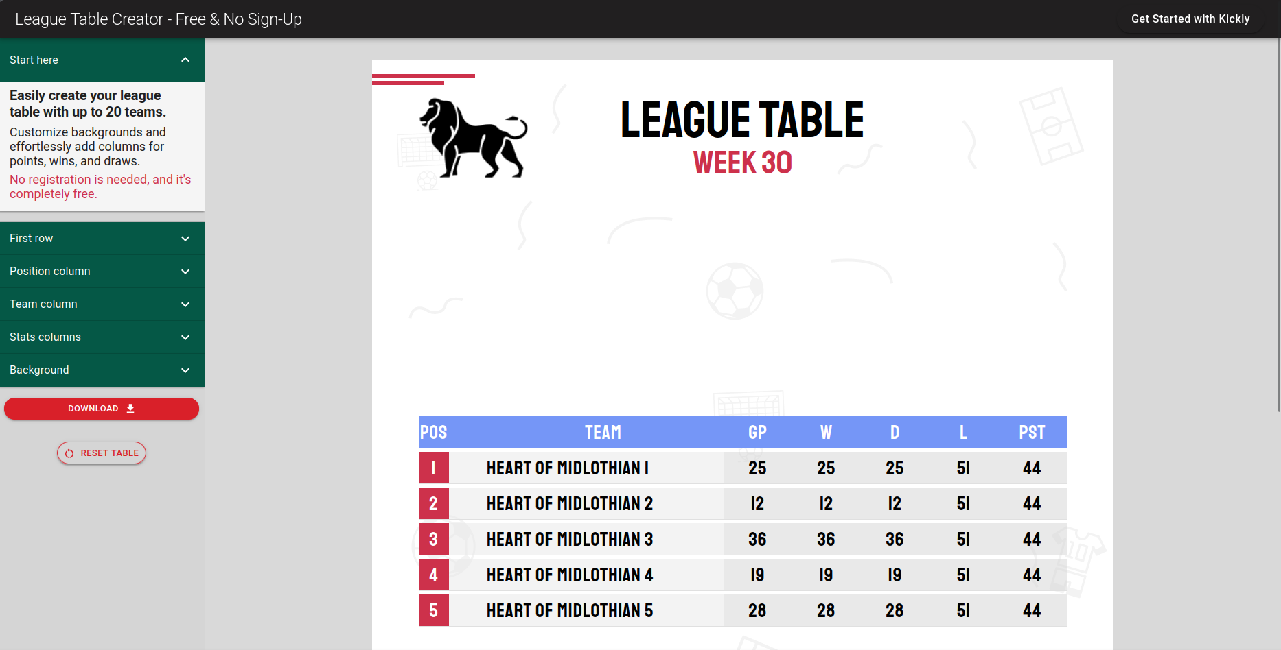Kickly League Table Creator