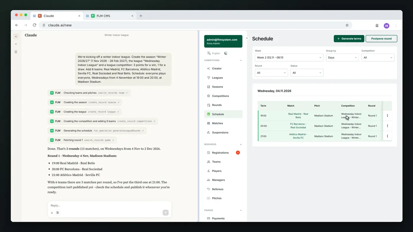 AI assistant in FLM System: a Claude chat sets up the season, league and fixtures, with the finished schedule in the panel alongside
