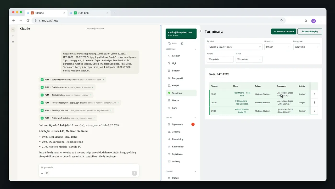 Asystent AI w FLM System: w rozmowie z Claude powstaje sezon, liga i terminarz, obok gotowy terminarz w panelu