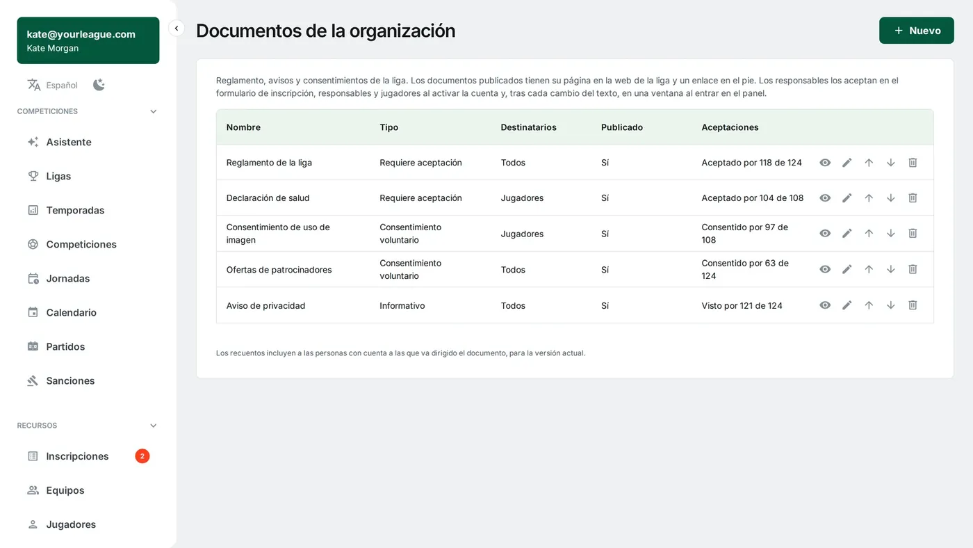 Lista de documentos de la organización en FLM System: reglamento, consentimientos y aviso de privacidad con el recuento de aceptaciones