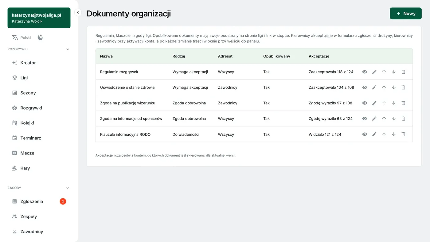 Lista dokumentów organizacji w FLM System: regulamin, zgody i klauzula RODO z liczbą akceptacji