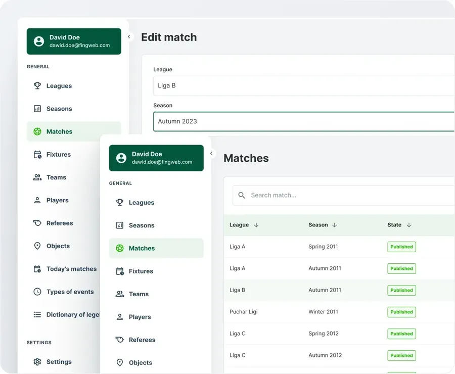 FLM System dashboard for managing matches and the league