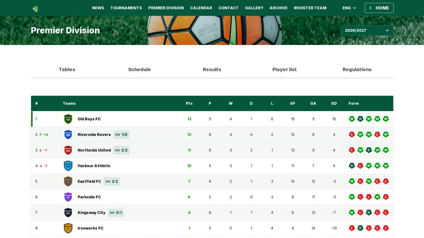 Live league table in FLM System with scores of matches in progress and arrows showing position changes