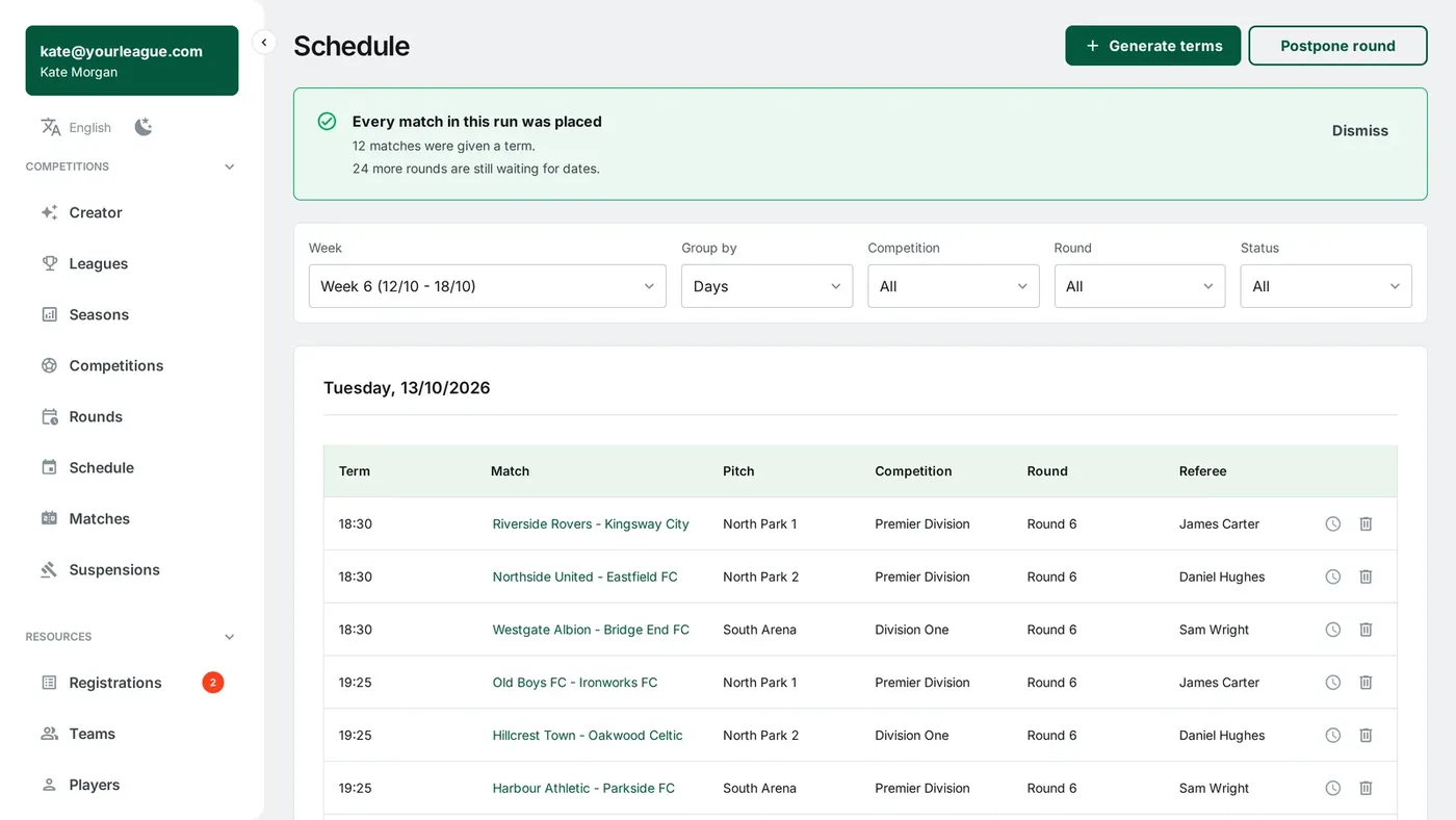 The FLM System schedule screen with matches from three leagues assigned to pitches and referees
