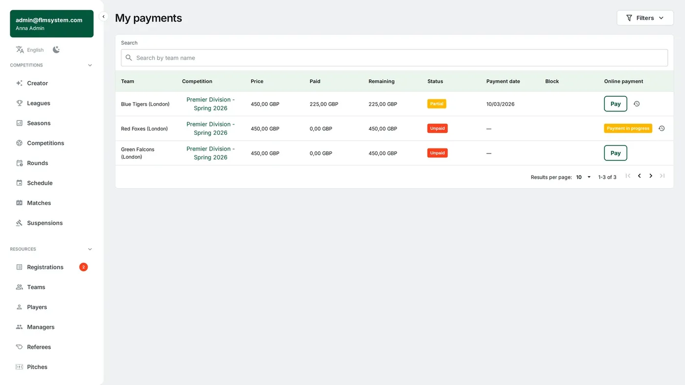 FLM System team manager panel: team fees with payment status and a Pay button for online payment