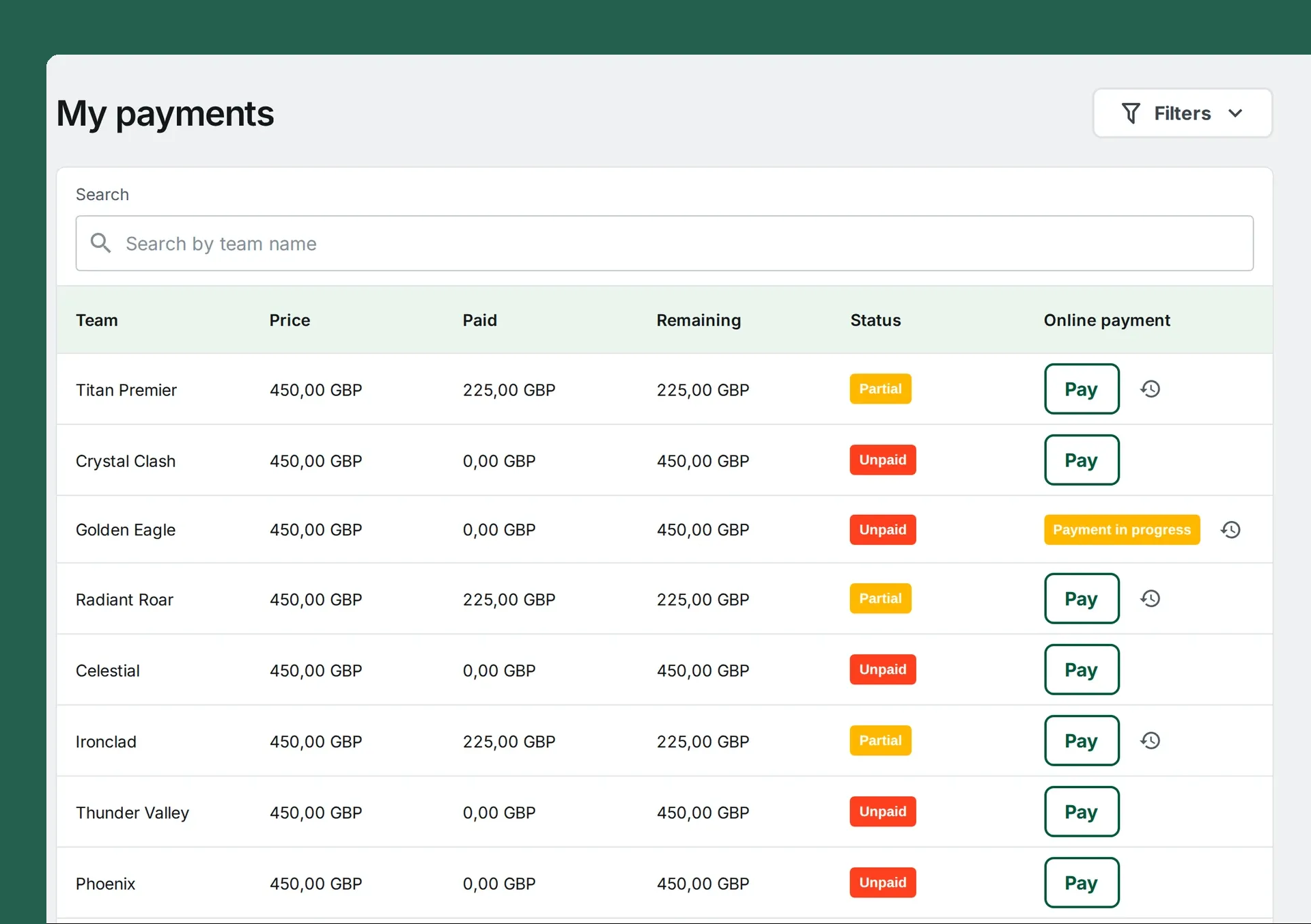 FLM System team manager panel: team fees with payment status and a Pay button for online payment