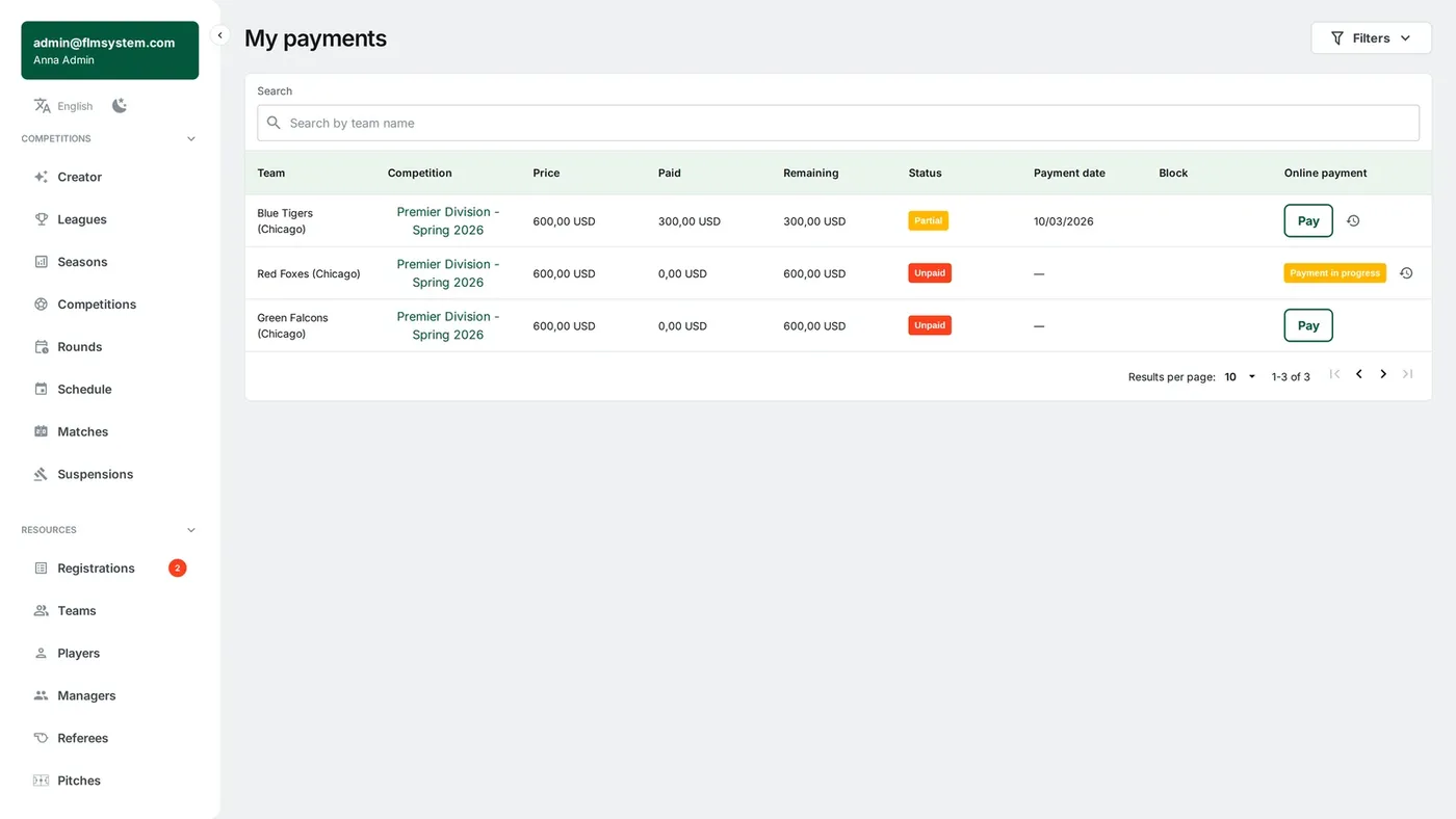 FLM System team manager panel: team fees with payment status and a Pay button for online payment