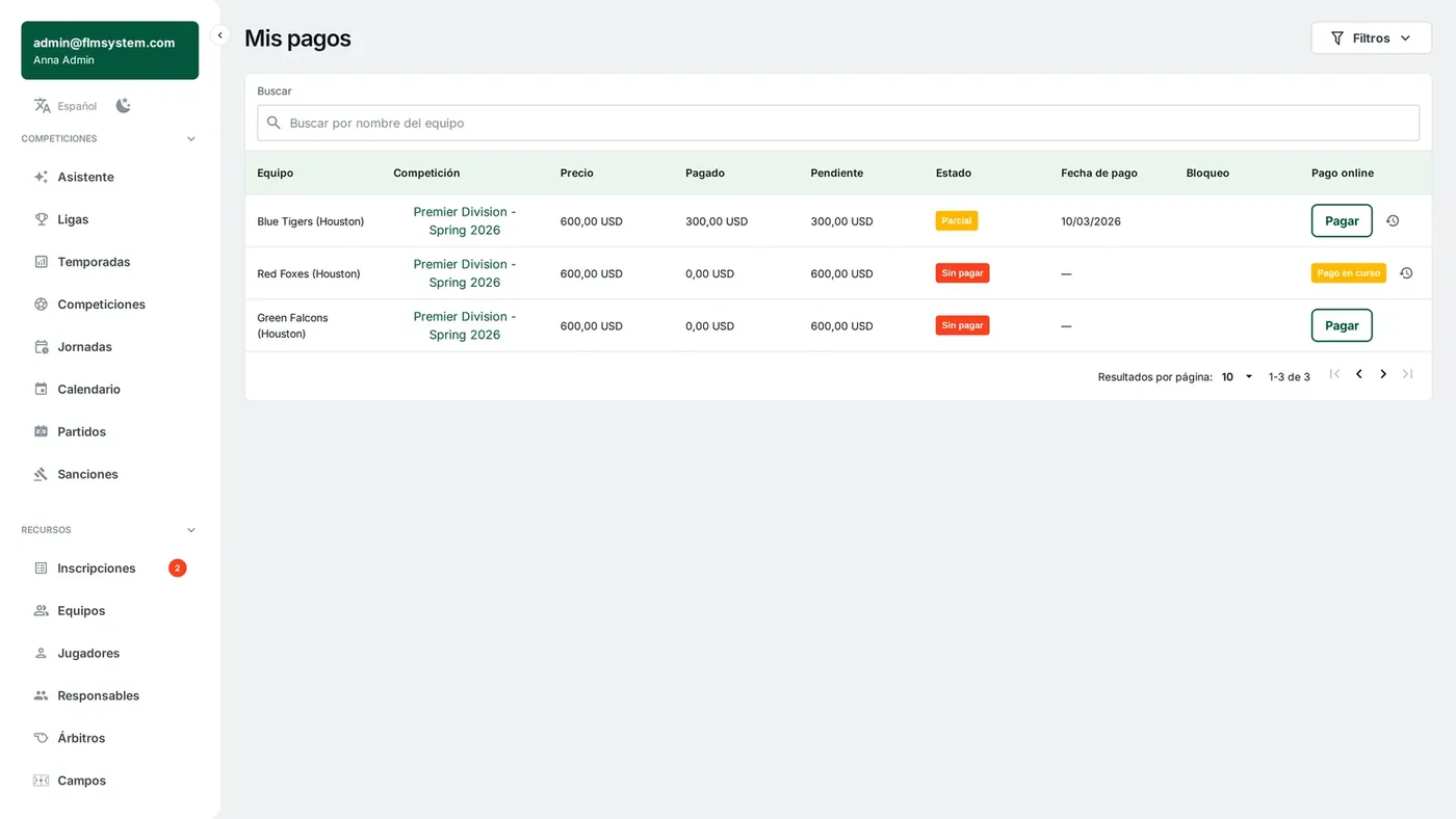 Panel del delegado en FLM System: pagos de los equipos con su estado y el botón Pagar para pagar en línea