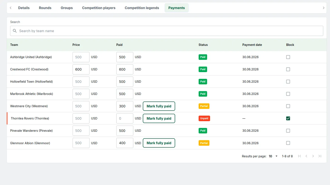 Paid and unpaid teams view for collecting team fees in FLM System