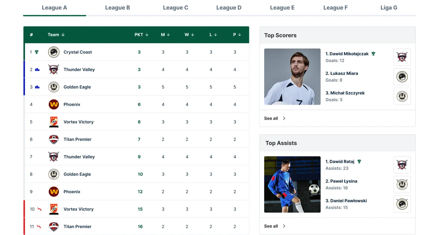 FLM System public league website with live fixtures and standings
