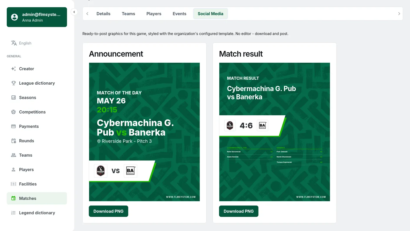 The FLM System panel generating ready-to-post social media graphics: a match announcement and a result with the scorers