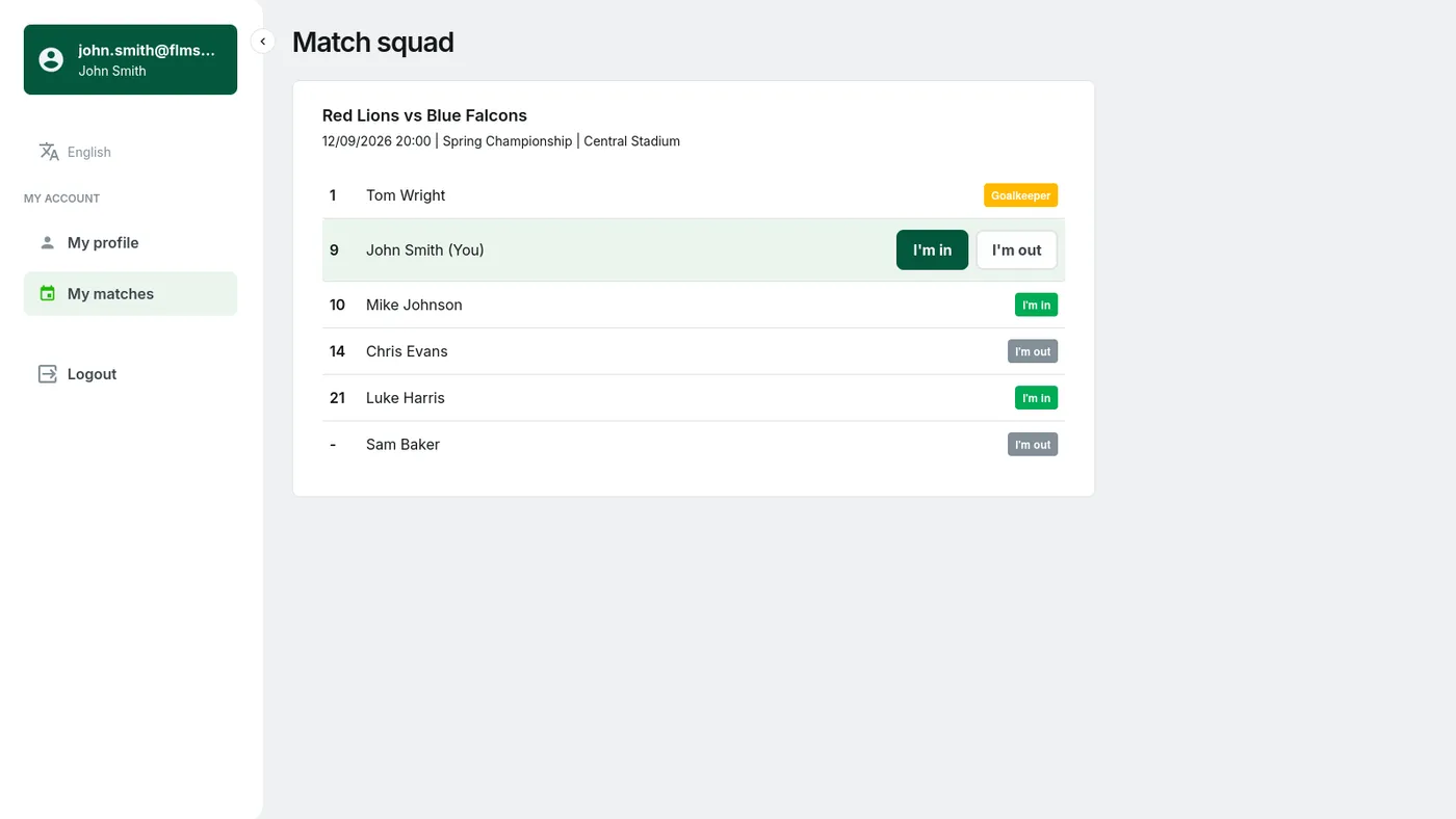 A player account in FLM System showing the match squad with the I'm in and I'm out availability buttons